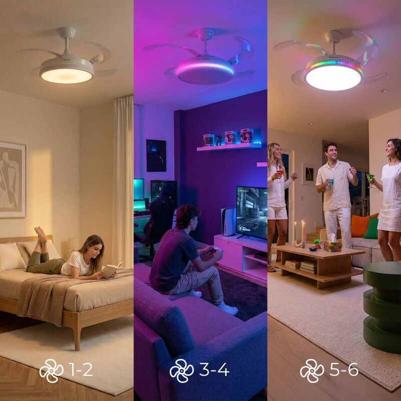 Ventilatore da soffitto con luce LED RGB, 4 pale retrattili e telecomando InnovaGoods